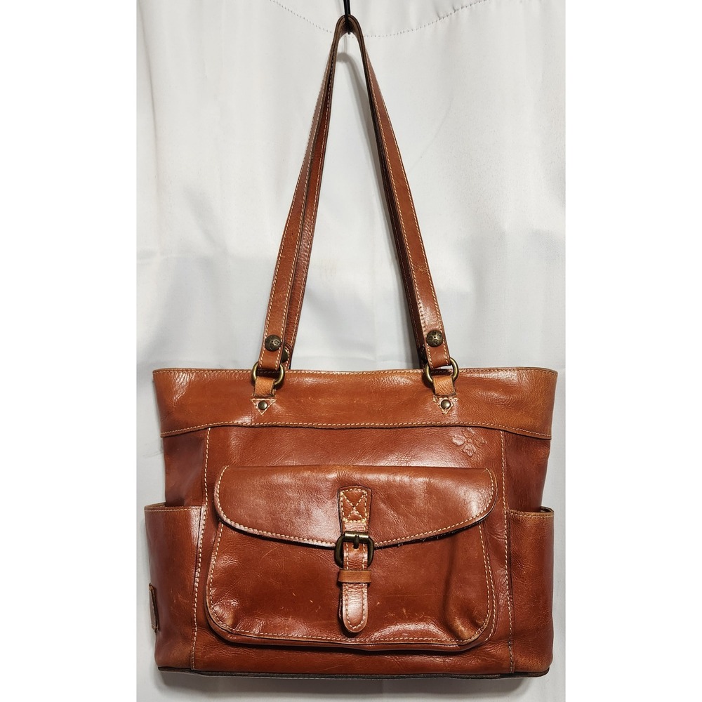 Patricia Nash Tan Leather Tote Bag Shoulder Purse Front Pocket Buckle Detail